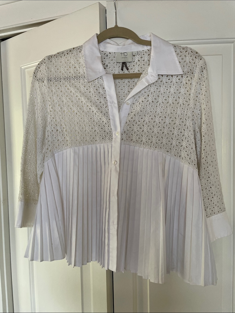 HD in Paris White Eyelet Lace & Pleated Button-Down Top